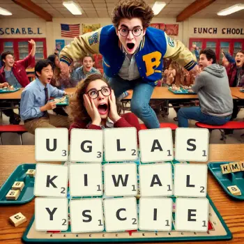 Kreatywna ilustracja do gry w Scrabble ze słowem UGLASKIWALYSCIE ułożonym z płytek na planszy.