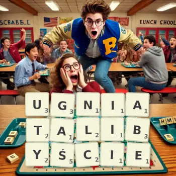 Kreatywna ilustracja do gry w Scrabble ze słowem UGNIATALIBYŚCIE ułożonym z płytek na planszy.