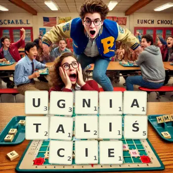 Kreatywna ilustracja do gry w Scrabble ze słowem UGNIATALIŚCIE ułożonym z płytek na planszy.