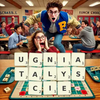 Kreatywna ilustracja do gry w Scrabble ze słowem UGNIATALYSCIE ułożonym z płytek na planszy.