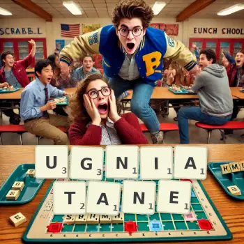 Kreatywna ilustracja do gry w Scrabble ze słowem UGNIATANE ułożonym z płytek na planszy.