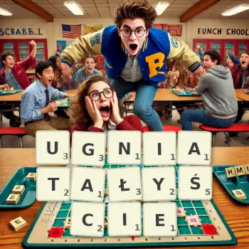 Kreatywna ilustracja do gry w Scrabble ze słowem UGNIATAŁYŚCIE ułożonym z płytek na planszy.