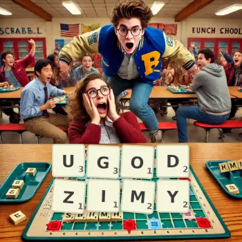 Kreatywna ilustracja do gry w Scrabble ze słowem UGODZIMY ułożonym z płytek na planszy.