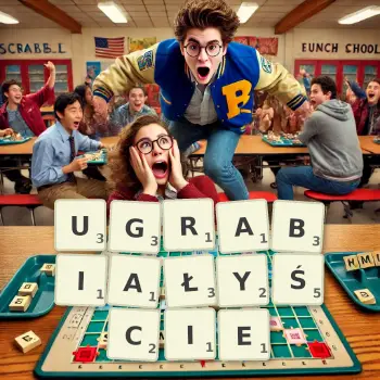 Kreatywna ilustracja do gry w Scrabble ze słowem UGRABIAŁYŚCIE ułożonym z płytek na planszy.