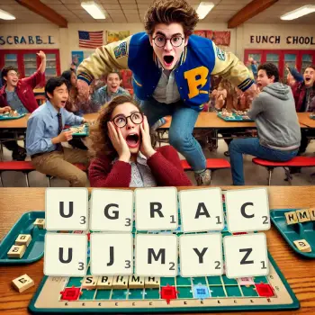 Kreatywna ilustracja do gry w Scrabble ze słowem UGRACUJMYZ ułożonym z płytek na planszy.