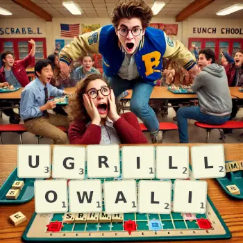 Kreatywna ilustracja do gry w Scrabble ze słowem UGRILLOWALI ułożonym z płytek na planszy.