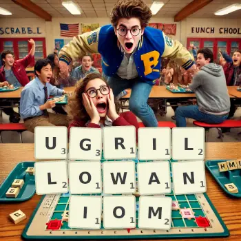 Kreatywna ilustracja do gry w Scrabble ze słowem UGRILLOWANIOM ułożonym z płytek na planszy.