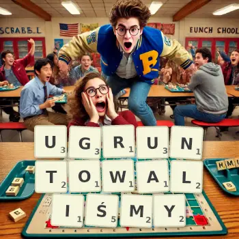 Kreatywna ilustracja do gry w Scrabble ze słowem UGRUNTOWALIŚMY ułożonym z płytek na planszy.