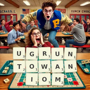 Kreatywna ilustracja do gry w Scrabble ze słowem UGRUNTOWANIOM ułożonym z płytek na planszy.