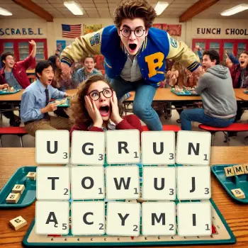 Kreatywna ilustracja do gry w Scrabble ze słowem UGRUNTOWUJĄCYMI ułożonym z płytek na planszy.