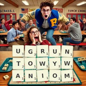 Kreatywna ilustracja do gry w Scrabble ze słowem UGRUNTOWYWANIOM ułożonym z płytek na planszy.