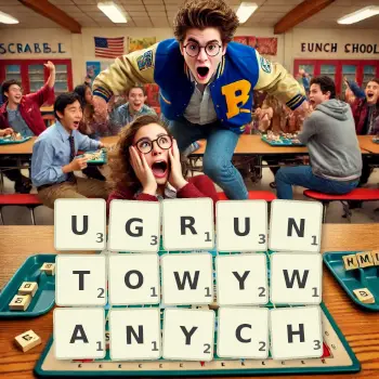 Kreatywna ilustracja do gry w Scrabble ze słowem UGRUNTOWYWANYCH ułożonym z płytek na planszy.