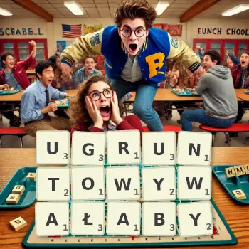 Kreatywna ilustracja do gry w Scrabble ze słowem UGRUNTOWYWAŁABY ułożonym z płytek na planszy.