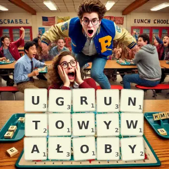 Kreatywna ilustracja do gry w Scrabble ze słowem UGRUNTOWYWAŁOBY ułożonym z płytek na planszy.