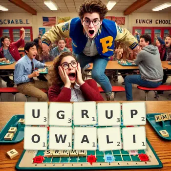 Kreatywna ilustracja do gry w Scrabble ze słowem UGRUPOWALI ułożonym z płytek na planszy.