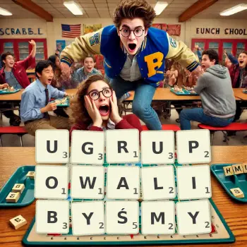 Kreatywna ilustracja do gry w Scrabble ze słowem UGRUPOWALIBYŚMY ułożonym z płytek na planszy.