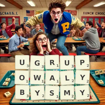 Kreatywna ilustracja do gry w Scrabble ze słowem UGRUPOWALYBYSMY ułożonym z płytek na planszy.