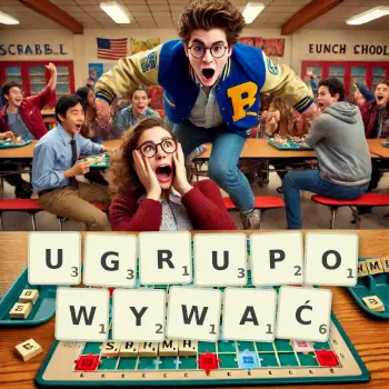 Kreatywna ilustracja do gry w Scrabble ze słowem UGRUPOWYWAĆ ułożonym z płytek na planszy.