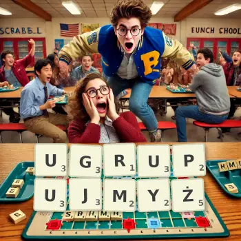 Kreatywna ilustracja do gry w Scrabble ze słowem UGRUPUJMYŻ ułożonym z płytek na planszy.