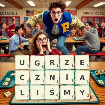 Kreatywna ilustracja do gry w Scrabble ze słowem UGRZECZNIALIŚMY ułożonym z płytek na planszy.