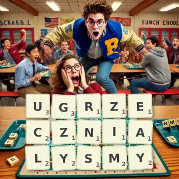 Kreatywna ilustracja do gry w Scrabble ze słowem UGRZECZNIALYSMY ułożonym z płytek na planszy.