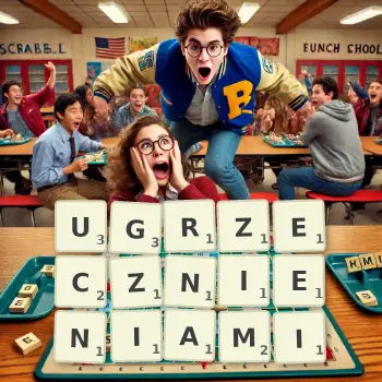 Kreatywna ilustracja do gry w Scrabble ze słowem UGRZECZNIENIAMI ułożonym z płytek na planszy.