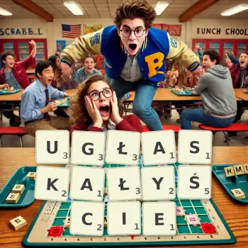 Kreatywna ilustracja do gry w Scrabble ze słowem UGŁASKAŁYŚCIE ułożonym z płytek na planszy.