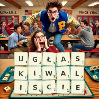 Kreatywna ilustracja do gry w Scrabble ze słowem UGŁASKIWALIŚCIE ułożonym z płytek na planszy.