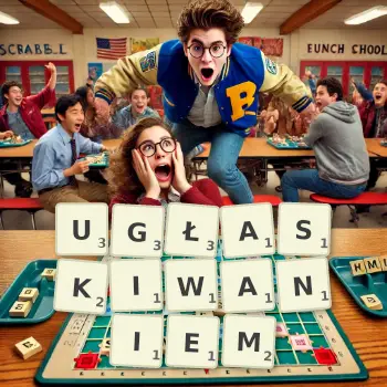 Kreatywna ilustracja do gry w Scrabble ze słowem UGŁASKIWANIEM ułożonym z płytek na planszy.