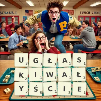 Kreatywna ilustracja do gry w Scrabble ze słowem UGŁASKIWAŁYŚCIE ułożonym z płytek na planszy.