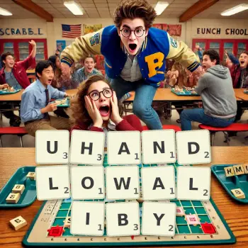 Kreatywna ilustracja do gry w Scrabble ze słowem UHANDLOWALIBY ułożonym z płytek na planszy.