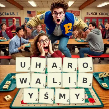 Kreatywna ilustracja do gry w Scrabble ze słowem UHAROWALIBYŚMY ułożonym z płytek na planszy.