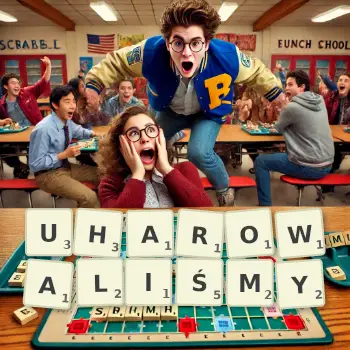 Kreatywna ilustracja do gry w Scrabble ze słowem UHAROWALIŚMY ułożonym z płytek na planszy.