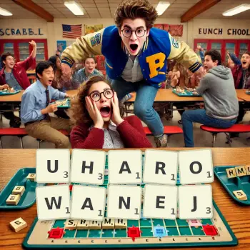 Kreatywna ilustracja do gry w Scrabble ze słowem UHAROWANEJ ułożonym z płytek na planszy.