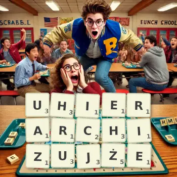 Kreatywna ilustracja do gry w Scrabble ze słowem UHIERARCHIZUJŻE ułożonym z płytek na planszy.