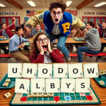 Kreatywna ilustracja do gry w Scrabble ze słowem UHODOWALBYS ułożonym z płytek na planszy.