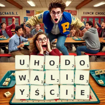 Kreatywna ilustracja do gry w Scrabble ze słowem UHODOWALIBYŚCIE ułożonym z płytek na planszy.