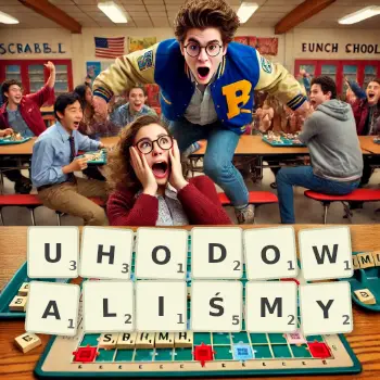 Kreatywna ilustracja do gry w Scrabble ze słowem UHODOWALIŚMY ułożonym z płytek na planszy.