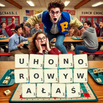 Kreatywna ilustracja do gry w Scrabble ze słowem UHONOROWYWAŁAŚ ułożonym z płytek na planszy.