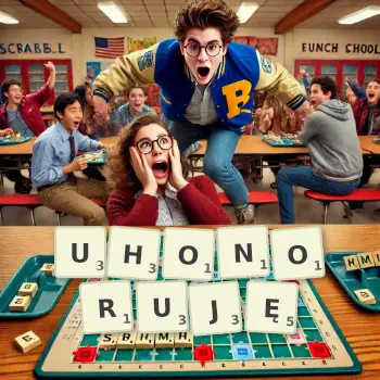 Kreatywna ilustracja do gry w Scrabble ze słowem UHONORUJĘ ułożonym z płytek na planszy.