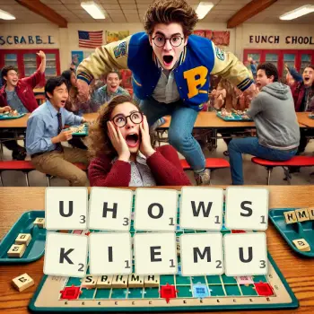 Kreatywna ilustracja do gry w Scrabble ze słowem UHOWSKIEMU ułożonym z płytek na planszy.