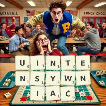 Kreatywna ilustracja do gry w Scrabble ze słowem UINTENSYWNIAĆ ułożonym z płytek na planszy.