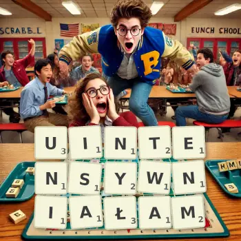 Kreatywna ilustracja do gry w Scrabble ze słowem UINTENSYWNIAŁAM ułożonym z płytek na planszy.