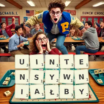 Kreatywna ilustracja do gry w Scrabble ze słowem UINTENSYWNIAŁBY ułożonym z płytek na planszy.