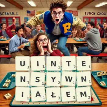 Kreatywna ilustracja do gry w Scrabble ze słowem UINTENSYWNIAŁEM ułożonym z płytek na planszy.