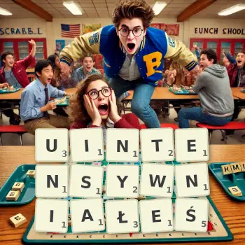 Kreatywna ilustracja do gry w Scrabble ze słowem UINTENSYWNIAŁEŚ ułożonym z płytek na planszy.