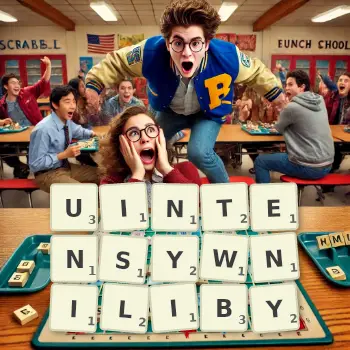 Kreatywna ilustracja do gry w Scrabble ze słowem UINTENSYWNILIBY ułożonym z płytek na planszy.