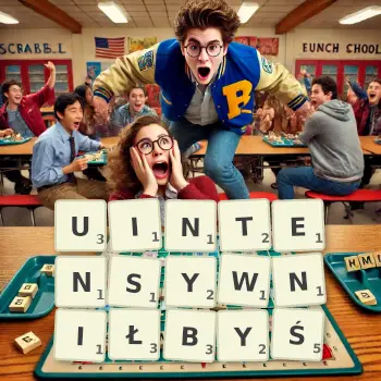 Kreatywna ilustracja do gry w Scrabble ze słowem UINTENSYWNIŁBYŚ ułożonym z płytek na planszy.