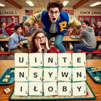 Kreatywna ilustracja do gry w Scrabble ze słowem UINTENSYWNIŁOBY ułożonym z płytek na planszy.