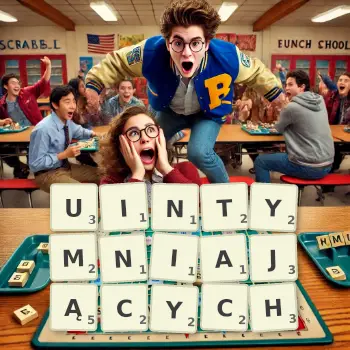 Kreatywna ilustracja do gry w Scrabble ze słowem UINTYMNIAJĄCYCH ułożonym z płytek na planszy.